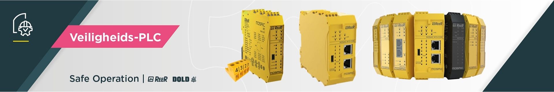 Programmeerbaar veiligheidsrelais en veiligheids-PLC met ReeR Mosaic safety controllers voor modulaire machineveiligheid en veiligheidsfuncties